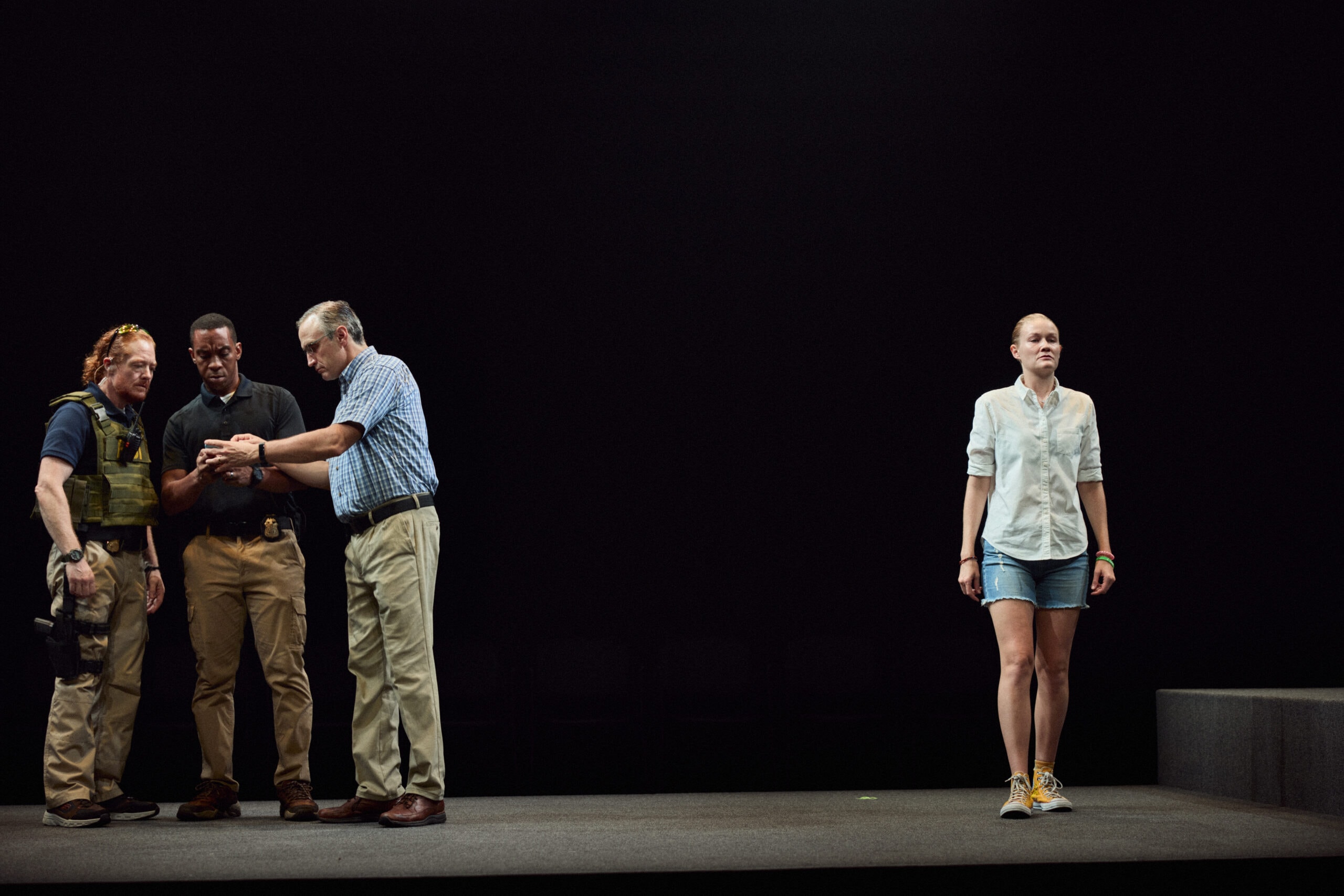 Becca Blackwell, Will Cobbs, Pete Simpson, and Emily Davis in the 2021 Broadway production of <i>Is This A Room</i>. Photo: Chad Batka