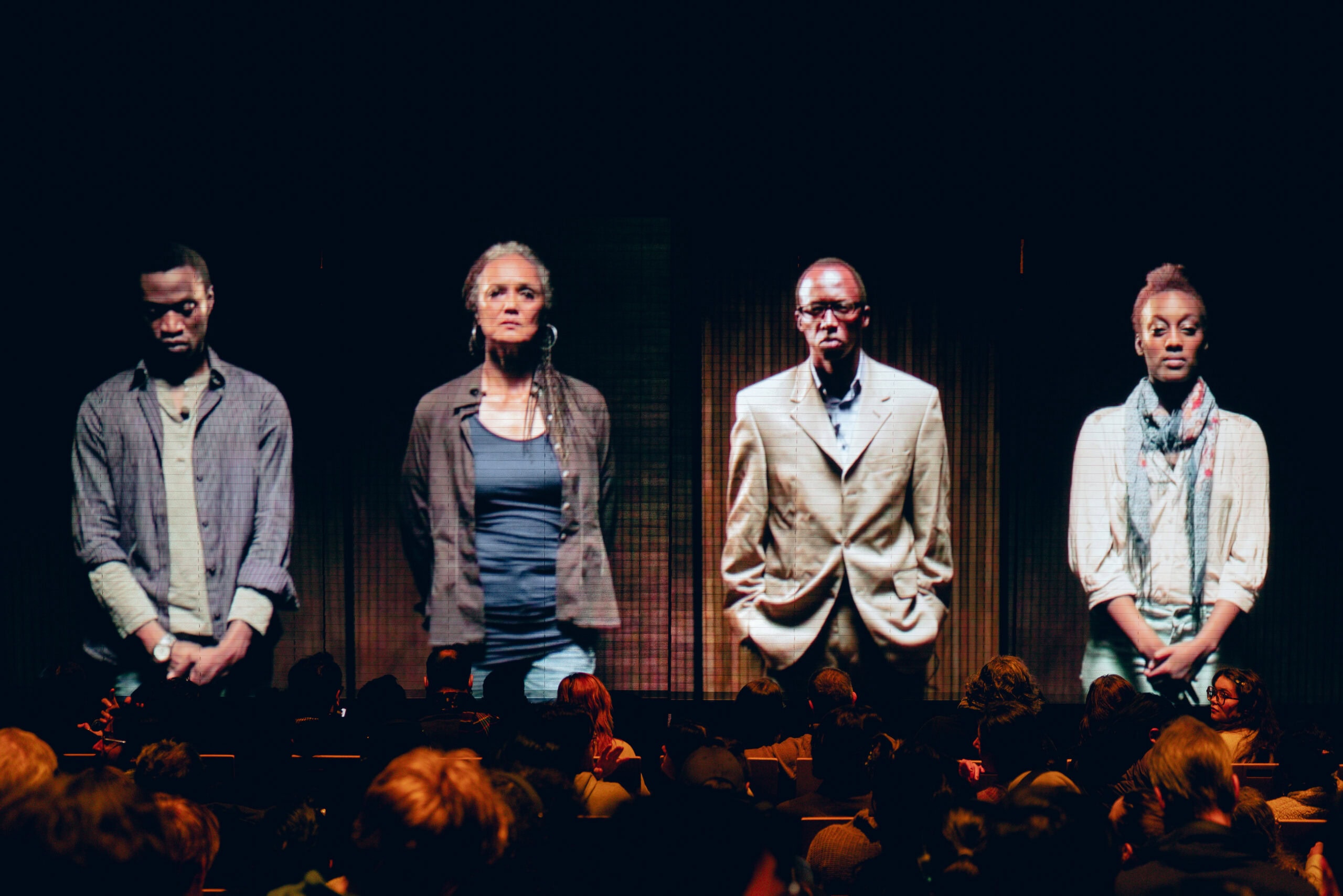 Afazali Dewaele, Estelle Marion, Diogène Ntarindwa, and Nancy Nkusi in Hate Radio. Photo: Amir Hamja