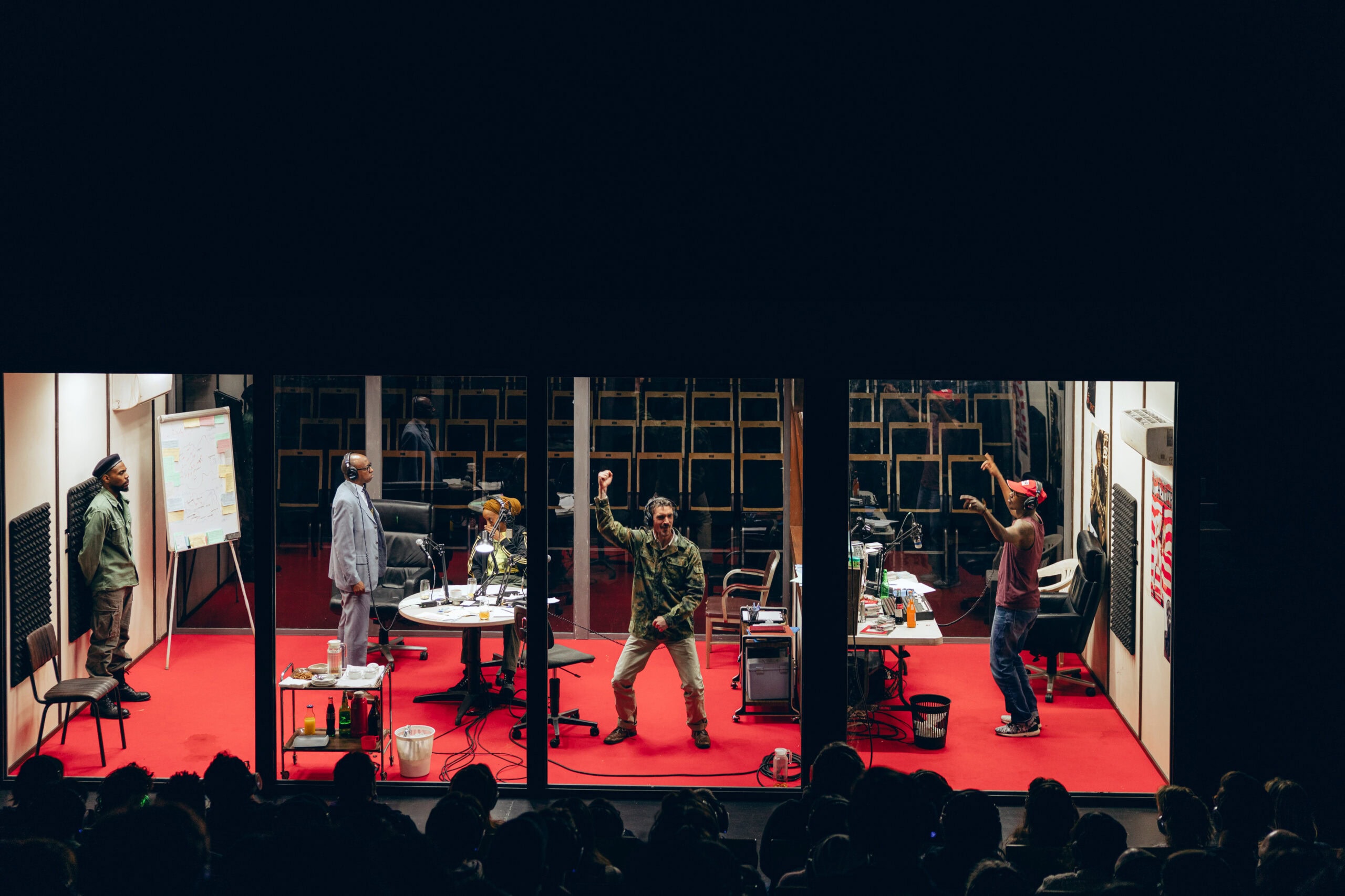 Sylvain Souklaye, Diogène Ntarindwa, Sébastien Foucault, Bwanga Pilipili, and Eric Ngangare in Hate Radio at St. Ann's Warehouse. Photo: Amir Hamja