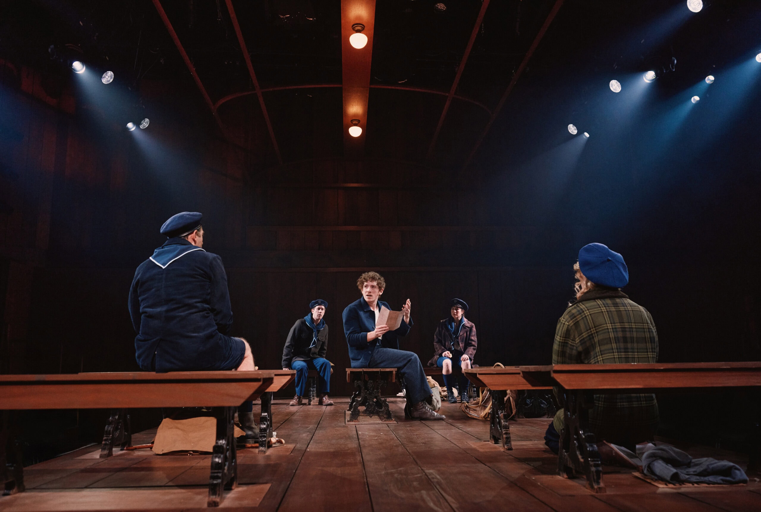 Max Gordon Moore, Alex Wyse, Ethan Slater, Tedra Millan, and Maddie Corman in Marcel on the Train. Photo: Emilio Madrid