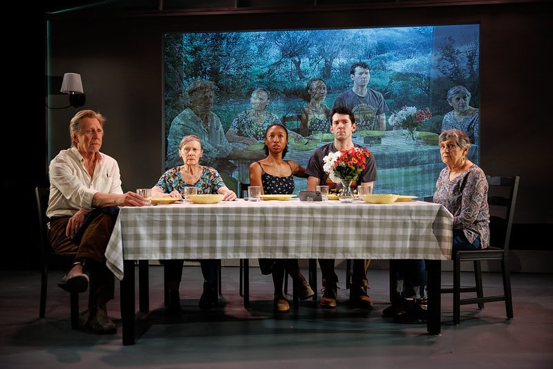L to R: Jack Wetherall, Tina Shepard, Amara Granderson, Patrick Dunning, and Ellen Maddow in The Door Slams, A Glass Trembles. Photo: Maria Baranova