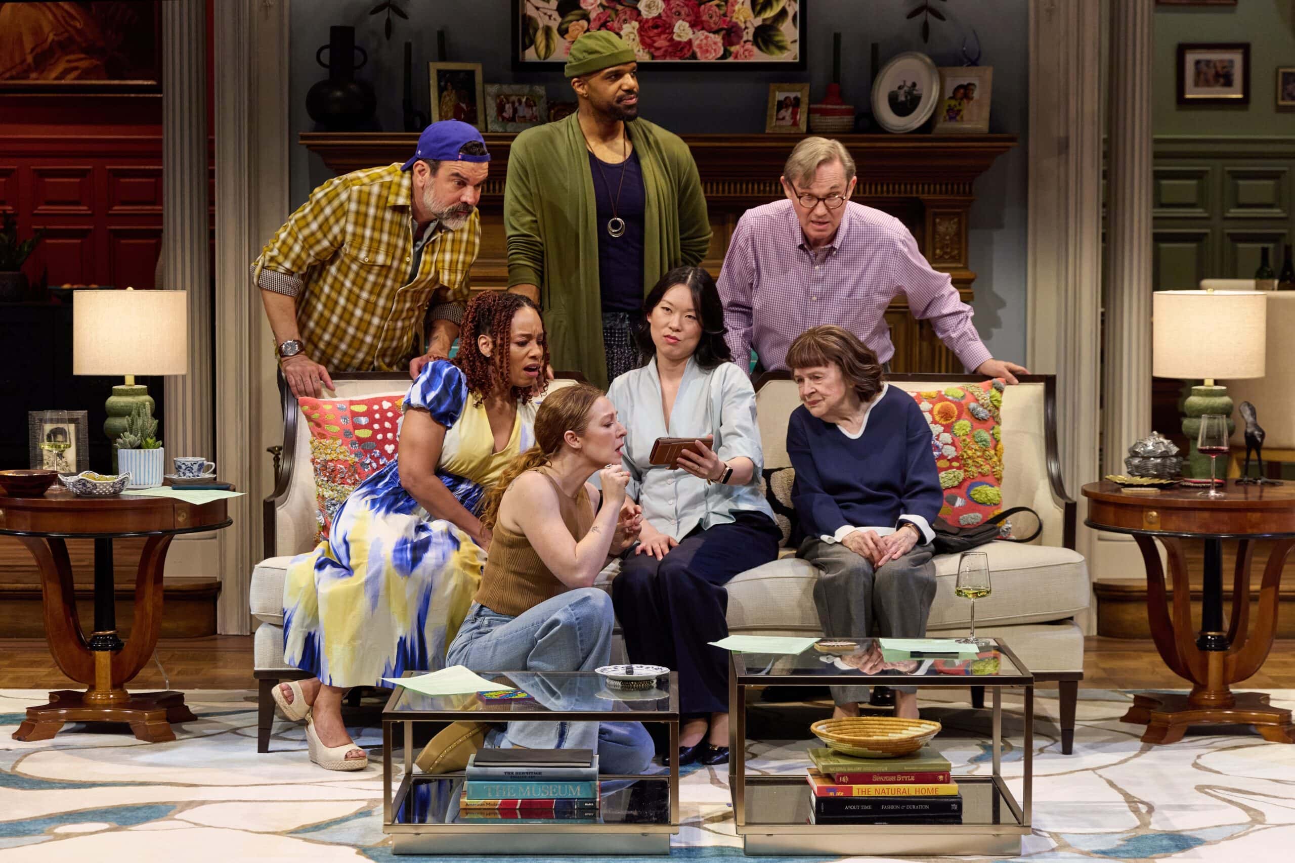 Ricardo Chavira, Carl Clemons-Hopkins, Richard Thomas [top row], Anika Noni Rose, Kayli Carter, Jeena Yi, and Marylouise Burke [bottom row] in The Balusters. Photo: © Jeremy Daniel