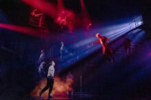 LJ Benet, Ali Louis Bourzgui, and the company of The Lost Boys. Photo: Matthew Murphy