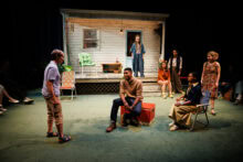 Dee Pelletier, Gabriel Brown, Tina Chilip, Lucy Kaminsky, Brittani K. Allan, Morgan Siobhan Green, and Zoe Geltman in A Woman Among Women. Photo: Maria Baranova